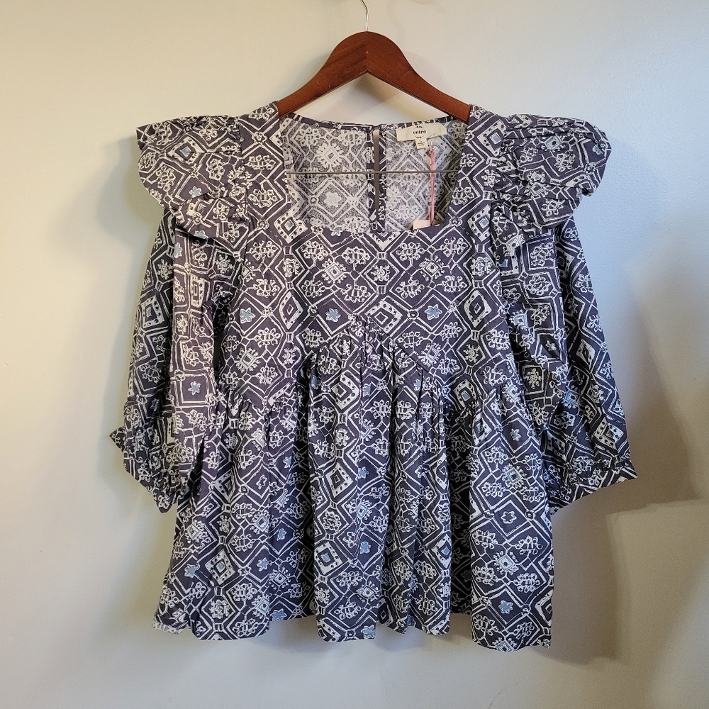 entro Navy and White Geometric Ruffle Tunic